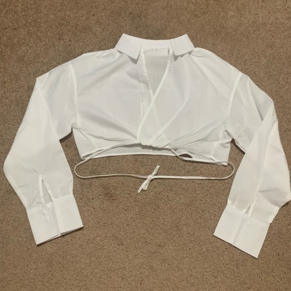White Long Sleeve Cropped Shirt Waist Tie Small - Picture 7 of 10